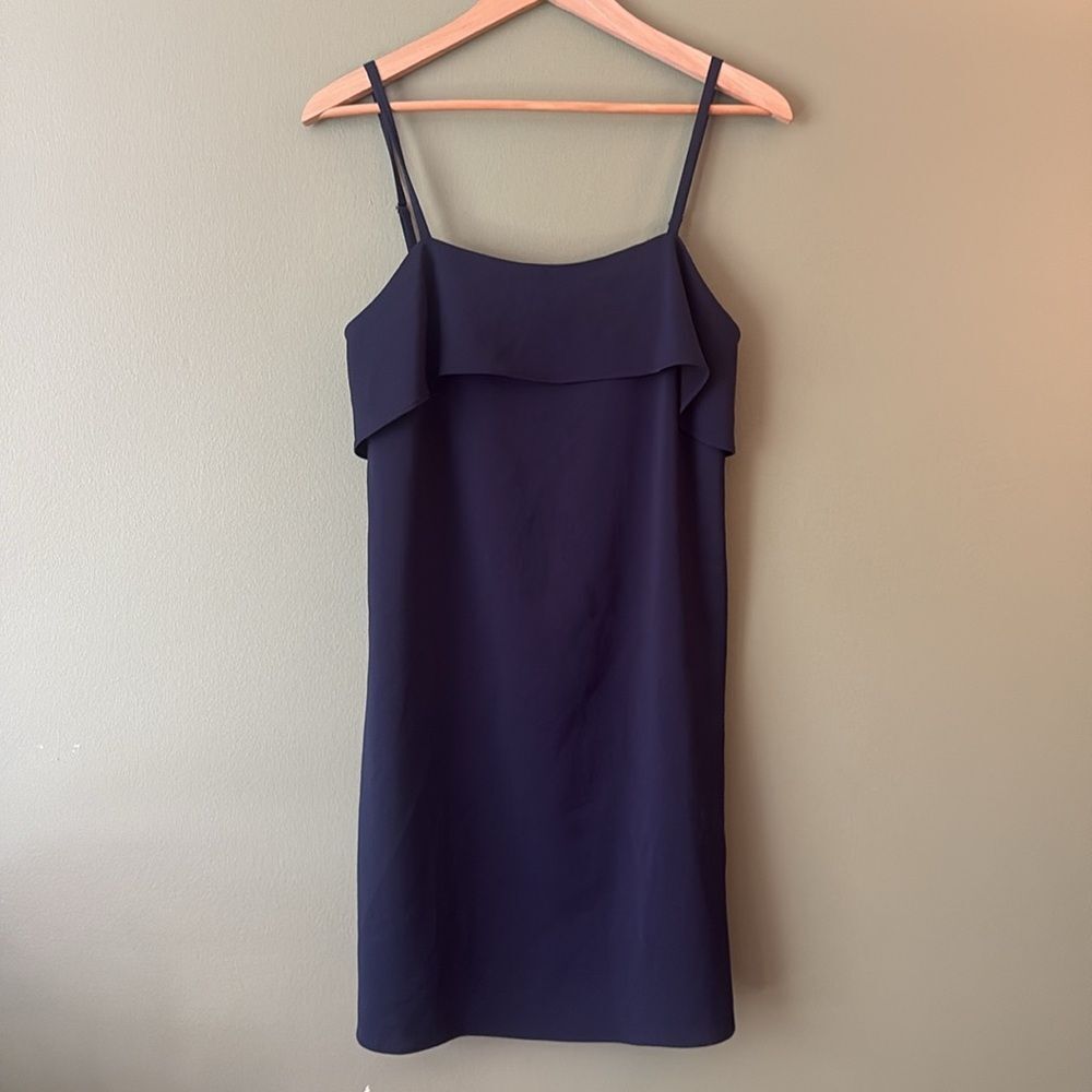 Alice + Olivia Etta Ruffle-Trimmed Crepe Mini Cocktail Dress Navy Blue Sz M - Picture 3 of 8
